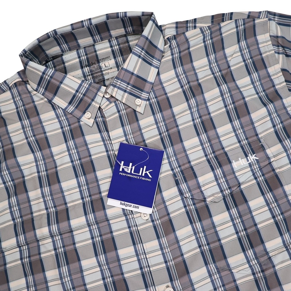 NWT HUK Men's L Grey Blue Tidepoint Woven Plaid Button Down Short Sleeve Shirt